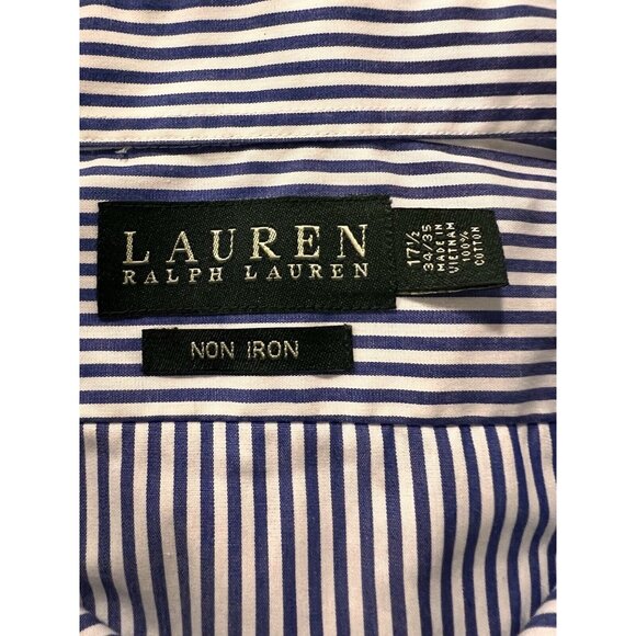 Lauren Ralph Lauren Navy Striped Button Down‎ No Iron Shirt Sz 17 1/2 34/35 Prep - Picture 3 of 12